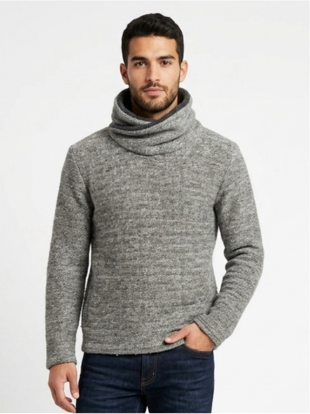 Zara Man Grey Marled Knit Cowl Neck Sweater Plush Fleece Collar Size Large - 773
